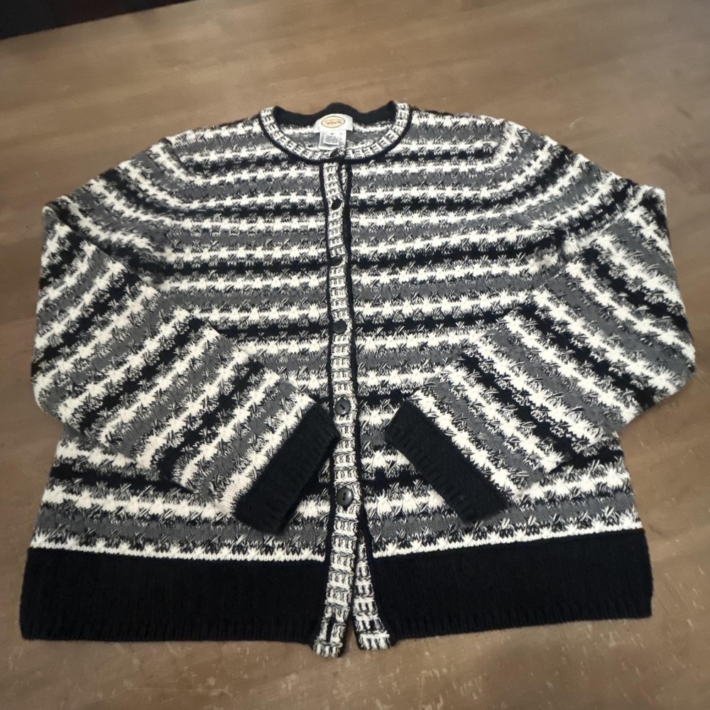 Vintage Talbots Cardigan Sweater Womens Medium Black Fair Isle Knit Cotton 90s